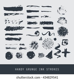 Set of modern ink grunge brush strokes. Textures, lines, splashes, dots.