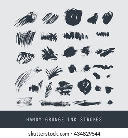 Set of modern ink grunge brush strokes. Textures, lines, splashes, dots.