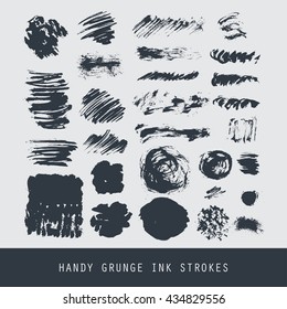 Set of modern ink grunge brush strokes. Textures, lines, splashes, dots.