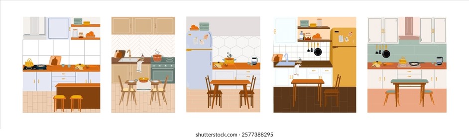 Set of modern interior design of cozy home kitchen. 