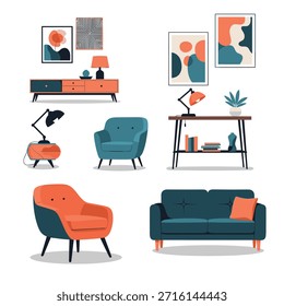 Conjunto de Elementos de diseño interiores modernos incluye sofás de colores, sillones, armarios y lámparas decorativas para el estilo del hogar.