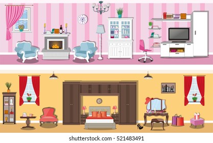 Set of modern interior design house rooms with furniture icons - living room and bedroom. Flat style vector illustration.