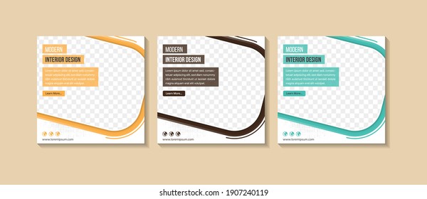 Set Of Modern Interior Design Sale Banner For Social Media Post Template. Dot Halftone Pattern And Line Elements. Space For Photo. Three Colors Selected Are Orange, Brown And Blue In White Background.