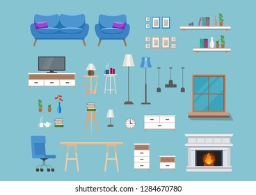 Set of modern interior elements, living room furniture. Vector illustration template in flat style