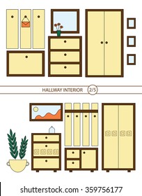 Set of modern interior hallway with wardrobe, bag, commode, mirror, hanger, flowerpot and picture. Hallway interior with furniture. Hall inside the house. Vector illustration in linear style 