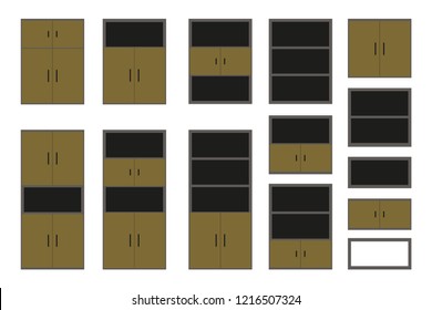 Set of modern interior shelf and bookcase,elements or icons isolated on white background, flat vector illustration