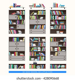 set of modern interior shelf icons isolated on white background. vector wooden furniture and colorful books collection. education and learning concept. flat style bookstore design elements