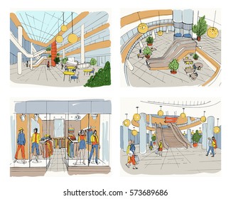 Set of modern interior shopping center. Collection various space mall. Colorful sketch illustration. 