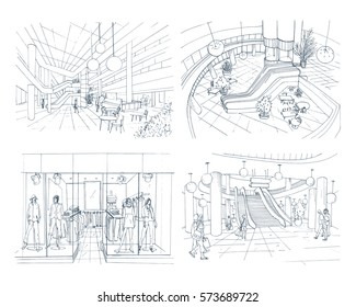 Set of modern interior shopping center. Collection various space mall. Contour sketch illustration. 