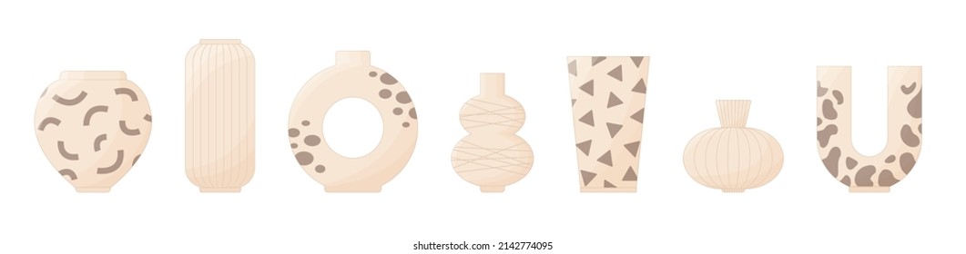 Set of modern interior vases and pots isolated on white background. Beige color minimal Scandinavian interior decor elements: trendy ceramic flower vases and plant pots. Boho style pottery vessel jars