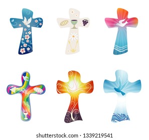 Set modern isolated Christian crosses. Cross collection with symbols of Christianity. Religious signs. VECTOR