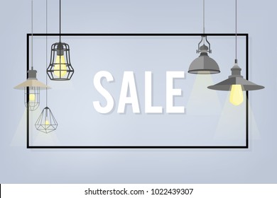 Set of modern isolated edison loft lamps, vintage, retro style light bulbs. Banner with lamps, fanos, and chandeliers. Modern ceiling lights in a loft style. Elements of interior. Sell poster, flyer.
