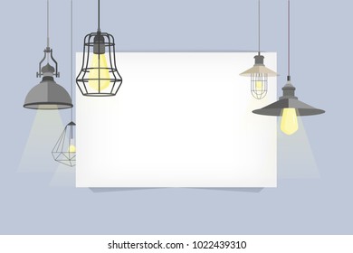 Set of modern isolated edison loft lamps, vintage, retro style light bulbs. Banner with lamps, fanos, and chandeliers. Modern ceiling lights in a loft style. Elements of interior. Sell poster, flyer.
