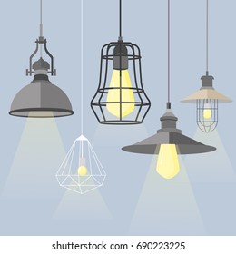 Set of modern isolated edison loft lamps, vintage, retro style light bulbs. Background with lamps, fanos, and chandeliers.  Modern ceiling lights in a loft style. 