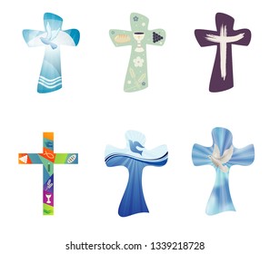 Set modern isolated vector Christian crosses. Religious signs. Cross collection with symbols of Christianity