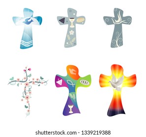 Set modern isolated vector Christian crosses. Cross collection with symbols of Christianity. Religious signs