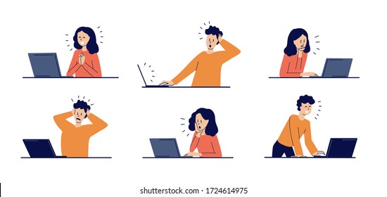 Set of modern isolated vector illustrations in flat style. Man and woman watching news. Happy, smiling, surprised, upset, frightened young people. Social network. Working on laptop at home.