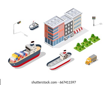 Set of modern isometric buildings and cafe, ship, shop, plants for sites and games