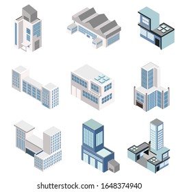 Set of modern isometric buildings and houses for sites and games. Dimensional views of skyscrapers 