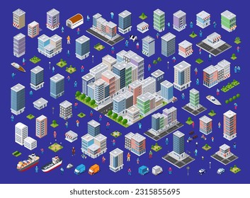 Conjunto de edificios isométricos modernos y casas para lugares y juegos. Vistas dimensionales de rascacielos y zonas urbanas con transporte