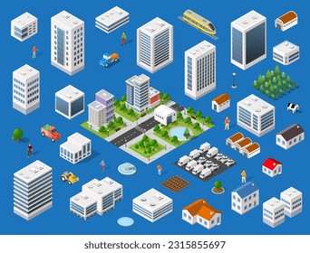 Set of modern isometric buildings and houses for sites and games. Dimensional views of skyscrapers  and urban areas with transport