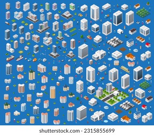 Set of modern isometric buildings and houses for sites and games. Dimensional views of skyscrapers  and urban areas with transport