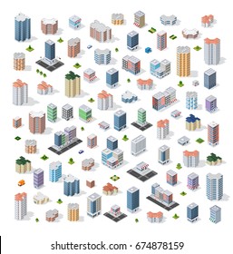 Set of modern isometric buildings and houses for sites and games. Dimensional views of skyscrapers  and urban areas with transport