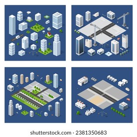 Set of modern isometric buildings and plants for sites and games