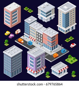 Set of modern isometric buildings and plants for sites and games