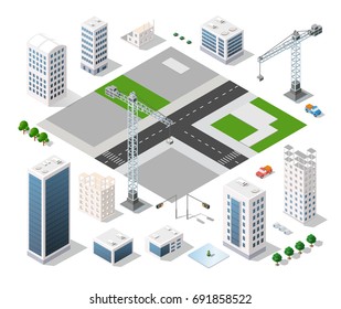 Set of modern isometric buildings and plants for sites and games