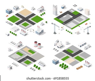 Set of modern isometric buildings and plants for sites and games