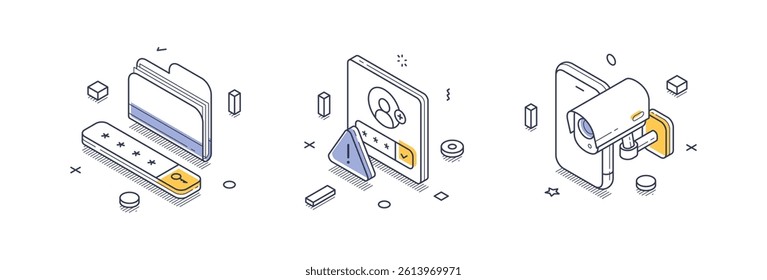 Set of modern isometric line icons illustrating personal data concepts. Each icon features detailed outlines and vibrant accents, enhancing the infographic style.