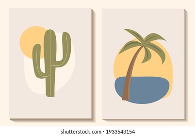 Set of modern Japanese style posters. cactus and palms. summer vector illustration