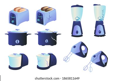 Set of modern kitchen home appliances on a white background. Broken toaster, mixer, blender, slow cooker. Modern blue appliances for kitchen.