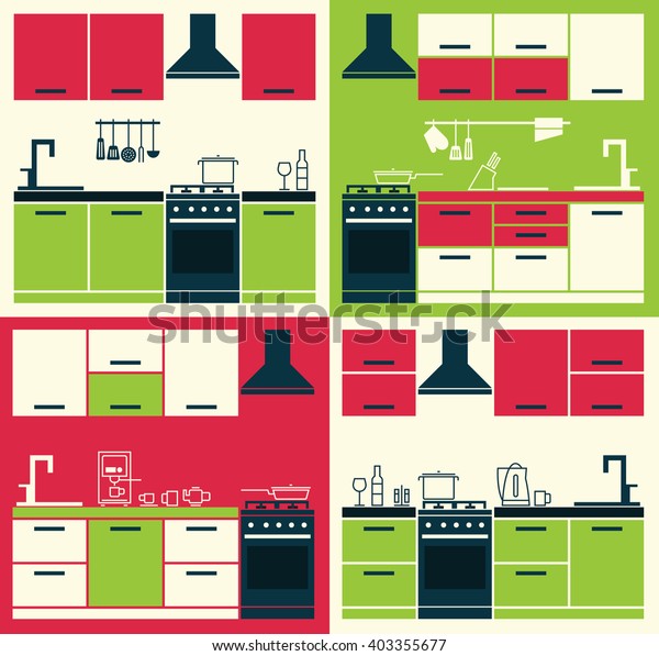 Set Modern Kitchen Interiors Colorful Kitchen Stock Vector