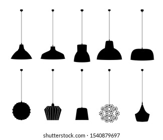 Set Of Modern Lamps Silhouettes.
Furniture Icons.Chandeliers, Lamps, Bulbs, Electricity, Illumination.
Elements Of Interior.Modern Interior.
Vector Illustration Isolated On White Background.