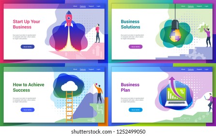 Set of modern landing page template for business solutions, start up, plans. Vector illustration mock-up for website and mobile website