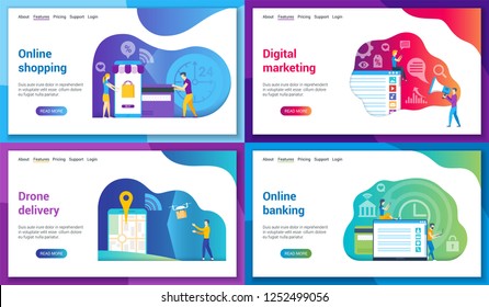 Set of modern landing page template for online shopping, digital marketing, online banking, drone delivery. Vector illustration mock-up for website and mobile website