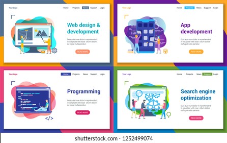 Set of modern landing page template for programming, web development, search engine optimization. Vector illustration mock-up for website and mobile website