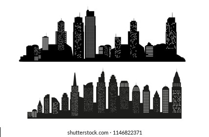 Set of Modern landscape. City skyscrapers building office horizon  on white background. Can be used for green city, recreation zone. Vector Illustration. eps 10