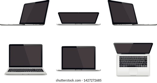 Set of modern laptop with blank screen isolated on white background