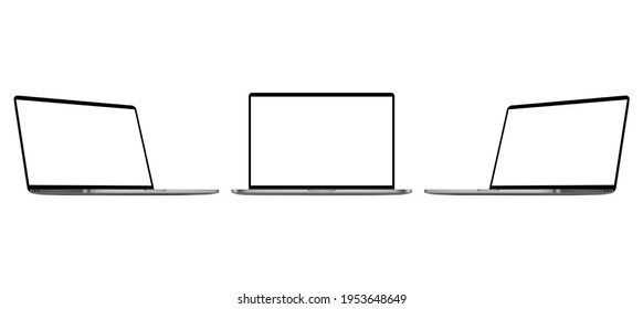 Set of Modern Laptops, Front and Side View, Isolated on White Background. Vector Illustration
