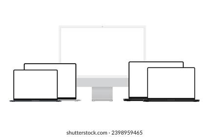 Set Of Modern Laptops And Monitor Mockups With Blank Screens, Isolated On White Background. Vector Illustration