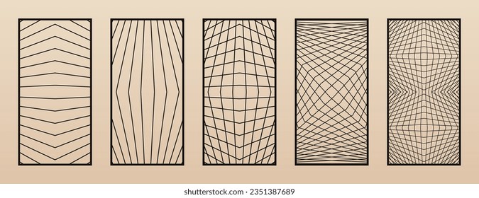 Set of modern laser cut panels. Abstract geometric patterns with thin line cube grid, optical illusion effect. Decorative stencil for laser, CNC cutting of wood, metal, acrylic. Aspect ratio 1:2