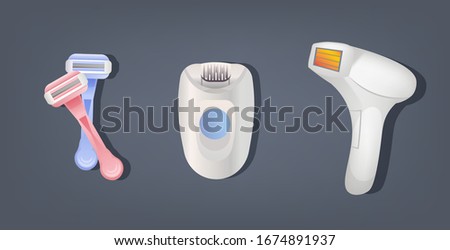 set modern laser electric epilators and shaving razors hair removal methods collection skin care concept horizontal vector illustration