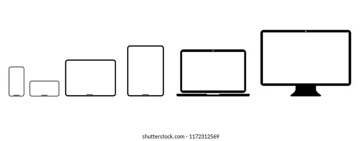 Conjunto de diseños modernos de dispositivos electrónicos, laptop, tablet, computadora, smartphone aislados en fondo blanco.Objeto vector.
