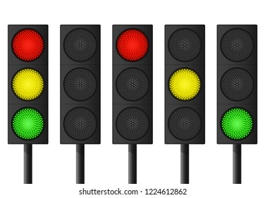 Set of modern led traffic lights with different sequence of switching. Showing red, yellow or green lights - Go, wait, stop. Vector illustration