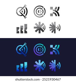 A set of modern letter K and wireless logos. Perfect for use with technology logos