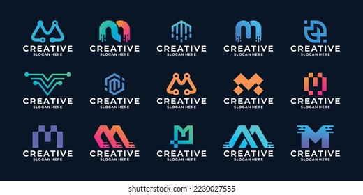 Set of modern letter M digital technology logo design.