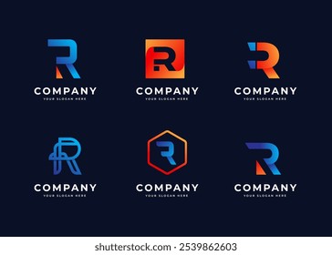 Conjunto de Colección moderna del logotipo del Vector de la letra R. Gradiente Abstractas Letra inicial R Símbolo Diseño de Logo. Símbolo inicial moderno para la identidad empresarial Corporativa. Conjunto de alfabeto Ilustración de logotipo de Vector